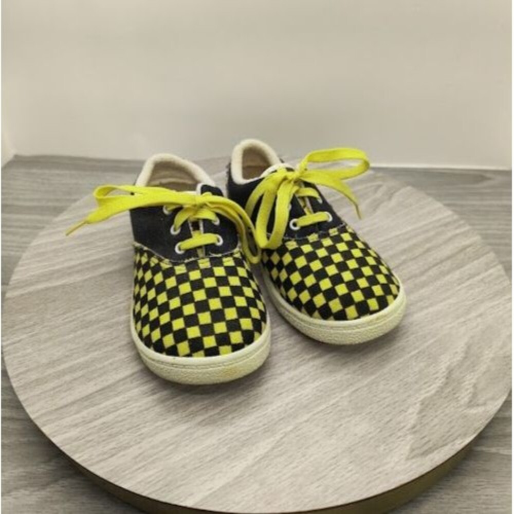 Vintage 80s Gerber Yellow Black Checkerboard Toddler Canvas Sneakers Size 7 USA